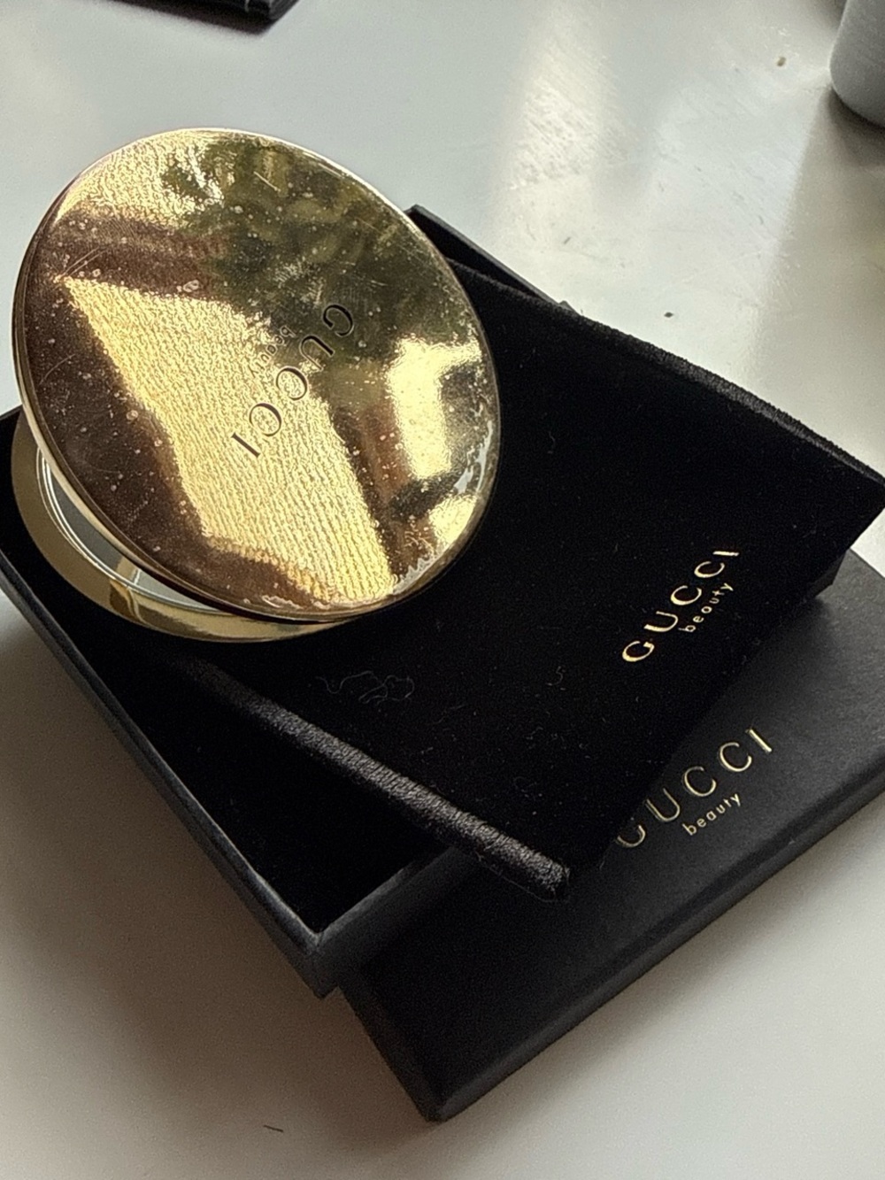 Gucci Gold Compact Mirror with Black Velvet Pouch